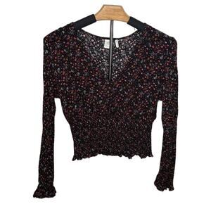 Paper Crane Ditsy Floral Long Sleeve Top Elastic Waist Wrap Front Crop Top C25